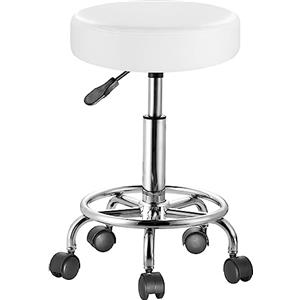 BAKAJI Sgabello con ruote rotondo, Seduta in Ecopelle e Base Acciaio Girevole a 360°, Altezza Regolabile, Imbottitura con spessore da 10 cm, Ideale per Bar, Casa, Estetista, Studio medico (Bianco)