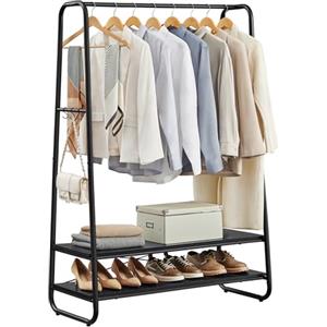 VASAGLE Stand Appendiabiti, Appendiabiti da Terra con 2 Ripiani, 6 Ganci Laterali a S, Struttura in Acciaio, 45 x 100 x 160 cm, Camera da Letto Corridoio, Nero Ebano e Nero Opaco RGR112B03