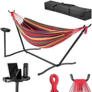 BAKAJI Amaca da Giardino a Brasiliana con Supporto in Acciaio e Stand Portabicchieri, Portatelefono e Tablet con Borsa da Portata Salvaspazio, Capacità Carico 200kg, Ideale per Esterni e Interni