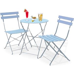 Shally Dogan Set 3 Pezzi da Giardino Pieghevole Modello Parigi, Tavolo con 2 Sedie in Acciaio, Mobili Salvaspazio per Bistrot, Balcone, Patio, Terrazza, Esterno, Bar Doppio (Azzurro)