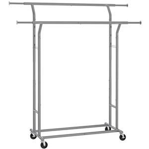 SONGMICS Stand Appendiabiti, Attaccapanni Estensibile con 4 Ruote, in Acciaio, Regolabile in Altezza e Larghezza, Grigio Tortora HSR012G01