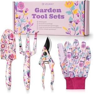Velway Set di Attrezzi da Giardinaggio - 5 Pezzi Strumenti in Metallo con Motivo Floreale, Guanti e Scatola Regalo, Idea Regalo per Donne, Festa della Mamma, Natale, Compleanno