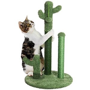 BAKAJI Tiragraffi Graffiatoio 3 Cactus Con Pallina Albero Forma Pianta per Gatti Animali Felini Colore Verde con Fiore Interattivo per Unghie Antigraffio Giocattolo Stabile Resistente Robusto (34x59)