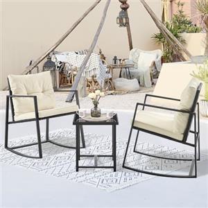 Shally Dogan Set Tavolo e 2 Poltrone a Dondolo per Giardino in Polyrattan e Cuscini, Salotto da Esterno, Salottino per Bar, Ristorante, Patio, Balcone, Bistrot, Terrazzo (Dondolo Nero e Beige)
