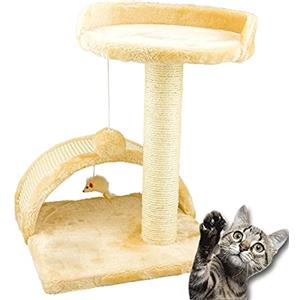BAKAJI Tiragraffi per Gatti Graffiatoio in Velboa Soffice con Palo Sisal 50 cm Graffiatoio Felini con Gioco Pallina Tunnel Cuccetta con Gioco Topolino (Beige)