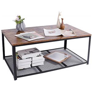 BAKAJI Tavolino Divano Tavolo caffè da Salotto Rettangolare Design Moderno Industriale Struttura in Metallo con Ripiano Inferiore Piao d'appoggio in Legno MDF Scuro Dimensione 106 x 60 x 45 cm