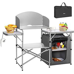 BAKAJI Cucina Armadio Mobiletto Tavolo Da Campeggio Picnic Compatta Portatile Pieghevole, Telaio Alluminio Cucinotto Paraspruzzi Borsa Trasporto Vano Portaoggetti In Tessuto (Compatto + Estensione)