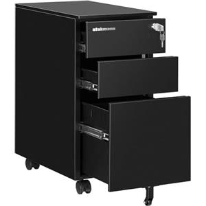 STAKMANN Cassettiera a 3 Cassetti in Acciaio con Chiave per Ufficio, Studio, Cameretta, Mobiletto Portadocumenti con Ruote Sottoscrivania, Mobile con Serratura e Asta per Schedario e Rotelle (Nero)
