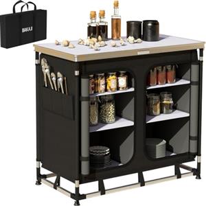 BAKAJI Cucina Armadio Mobiletto Tavolo da Campeggio Picnic, Cucinotto Nero Compatto, Portatile e Pieghevole con Telaio in Alluminio, Borsa per il Trasporto e Scomparti Interni (100 x 48 x 84 cm)