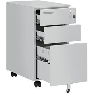 STAKMANN Cassettiera a 3 Cassetti in Acciaio con Chiave per Ufficio, Studio, Cameretta, Mobiletto Portadocumenti con Ruote Sottoscrivania, Mobile con Serratura e Asta per Schedario e Rotelle (Grigio)