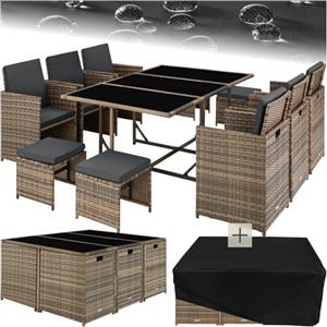 tectake® Set in Poli Rattan, Set da Conversazione, Arredamento Giardino Elegante, 6 Sedie da Esterno, 1 Tavolo in Vetro, 4 Sgabelli, Ideale per Balcone, Giardino e Terrazzo - Naturale