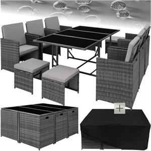 tectake® Set di Mobili Poli Rattan, Arredamento Giardino Elegante, 6 Sedie da Esterno, 1 Tavolo Vetro, 4 Sgabelli, Involucro Protettivo, Ideale per Balcone e Giardino, Arredamento - Grigio