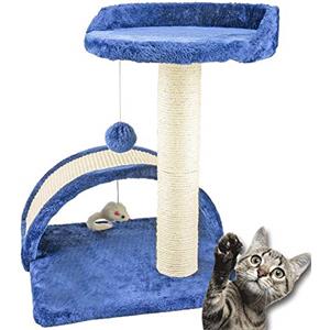 BAKAJI Tiragraffi per Gatti Graffiatoio in Velboa Soffice con Palo Sisal 50 cm Graffiatoio Felini con Gioco Pallina Tunnel Cuccetta con Gioco Topolino (Blu)