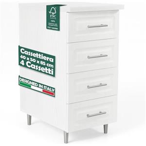 Shally Dogan Cassettiera Mobile Base per Cucina con 4 Cassetti Design Boiserie, Mobiletto Componibile con Struttura in Legno Solida e Resistente, Organizer 40 x 50 x 85H cm (Bianco Frassinato)