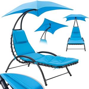 BAKAJI Lettino Sdraio Sospeso da Esterno con Cuscino Imbottito, Poltrona Amaca da Giardino Curva, Seduta Ergonomica e Ombrellone Parasole, Ideale per Patio, Balcone, Terrazzo (Blu)