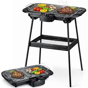 BAKAJI Barbecue Elettrico 2 in 1 2000W di Potenza, Grill da Tavolo e Stand Piedistallo, BBQ Facile da Usare con Manopola per Controllo della Temperatura e Griglia Removibile, Ideale Esterni ed Interni