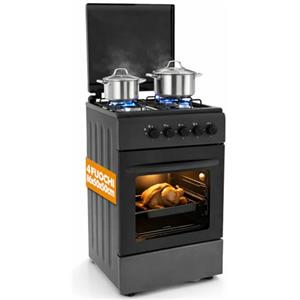 BAKAJI Cucina da Esterno Alimentazione a Gas con Forno e 4 Fuochi, Cucinino con Bruciatori e Griglie Rimovibili in Ghisa con Mobile e Accensione Ergonomica, Ideale per Esterni ed Interni (Nero)