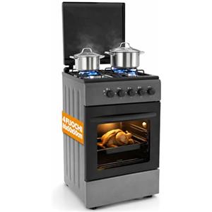 BAKAJI Cucina da Esterno Alimentazione a Gas con Forno e 4 Fuochi, Cucinino con Bruciatori e Griglie Rimovibili in Ghisa con Mobile e Accensione Ergonomica, Ideale per Esterni ed Interni (Grigio)