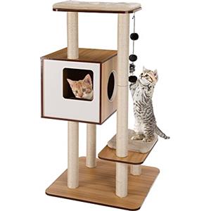 BAKAJI Albero Tiragraffi Graffiatoio Rifugio 3 Palline 1 Cuccia Coperta per Gatti Animali Felini Interattivo Unghie Antigraffio Stabile Resistente Robusto Albero Rampicante Colore Beige