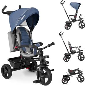 BAKAJI Triciclo Passeggino 4 in 1 per Bambini, Pedali o Manico Antiscivolo Ergonomico per Spinta, Sediolino Imbottito, Cinture di Sicurezza, Asta Direzionabile, Tettuccio Cappottino Parasole (Blu)