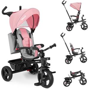 BAKAJI Triciclo Passeggino 4 in 1 per Bambini, Pedali o Manico Antiscivolo Ergonomico per Spinta, Sediolino Imbottito, Cinture di Sicurezza, Asta Direzionabile, Tettuccio Cappottino Parasole (Rosa)