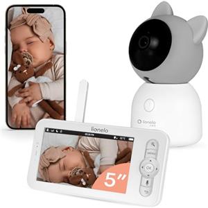 Lionelo Babyline 9.2 AI baby monitor con fotocamera 2 K (4 MP), monitor da 5 pollici, dual band, rilevamento del movimento, rilevamento di vini e testa, sensore di temperatura e umidità, controllo app