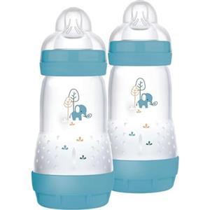 MAM Biberon Easy Start 260 ml (Set da 2), Kit da 2 biberon anticolica per allattamento misto, Riduce le bolle d'aria e il rischio di coliche, Accessori neonati 2+ mesi con tettarella misura 2, Azzurro