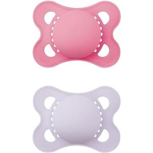 MAM Original Succhietto 2-6 Mesi (Set da 2), Ciuccio MAM 2-6 mesi con tettarella ortodontica in caucciù, Kit da 2 accessori neonato con pratico porta ciuccio sterilizzatore, Rosa/Lilla