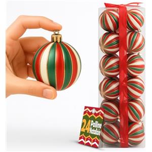 BAKAJI Box Palline di Natale per Albero, Sfere Natalizie Addobbo Rosso, Bianco, e Verde Doppio Colore, Decorazione Natalizia Multicolore in Plastica Dura, Palla Ornamento (24 Pezzi - Diametro 6 cm)