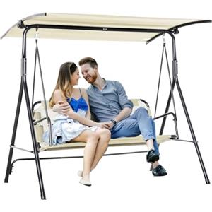 BAKAJI Dondolo Letto da Giardino 3 Posti con Tetto Parasole Regolabile, Struttura in Metallo e Seduta in Tessuto Traspirante con Imbottitura Ergonomica e Morbida, Ideale per Esterni, Patio (Beige)