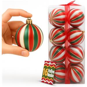 BAKAJI Box Palline di Natale per Albero, Sfere Natalizie Addobbo Rosso, Bianco, e Verde Doppio Colore, Decorazione Natalizia Multicolore in Plastica Dura, Palla Ornamento (16 Pezzi - Diametro 8 cm)