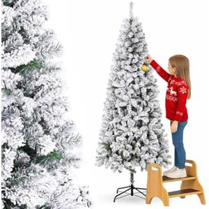 BAKAJI Albero di Natale Slim Molto Folto Ecologico e Ignifugo con Base a Croce in Ferro Pieghevole, Decorazione Natalizia Salvaspazio Foltissima con Rami Realistici (Bianco Saint Moritz, 180 cm)