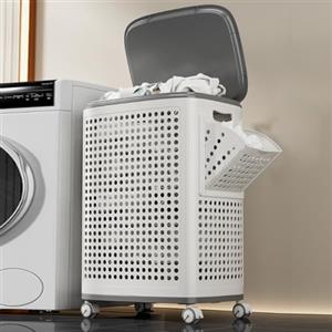 Shally Dogan Cesto Portabiancheria Bianco Traspirante Antiodore con 4 Ruote Piroettanti Facile da Spostare, Cesta Organizer per Bucato con Separatori in Plastica Anti Odore per Bagno, Camera da Letto