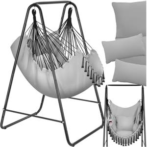 tectake® Poltrona Sospesa Boho con Cuscini, Tasca Laterale, Tessuto Misto Cotone-Poliestere, Telaio in Acciaio, Capacità 160 kg, Arredamento Casa e Giardino, per Interni ed Esterni - Grigio