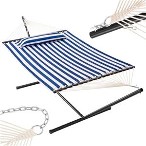 BAKAJI Amaca da Giardino con Supporto a Brasiliana e 1 Cuscino Imbottito, Telaio Resistente, Solida Struttura in Acciaio, Capacità di Carico 200 kg, Ideale per Esterni ed Interni (Blu/Bianco)