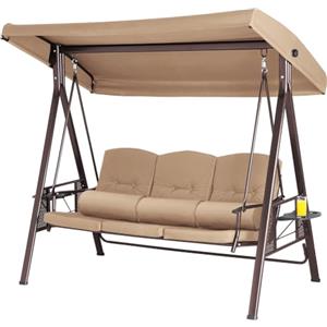 Bakaji Dondolo Da Giardino 3 Posti con 3 Cuscini Tetto Parasole Regolabile e Vassoi Pieghevoli Struttura in Metallo Seduta in Tessuto con Maxi Imbottitura 8cm (Marrone)