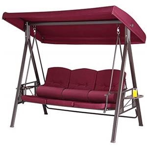 Bakaji Dondolo Da Giardino 3 Posti con 3 Cuscini Tetto Parasole Regolabile e Vassoi Pieghevoli Struttura in Metallo Seduta in Tessuto con Maxi Imbottitura 8cm (Bordeaux)