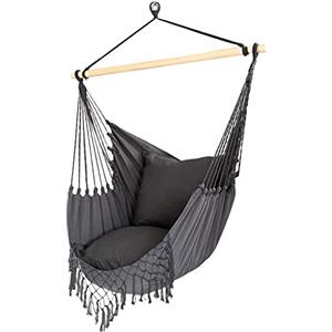 Bakaji Poltrona Sospesa da Esterno Giardino in Tessuto Sedia Dondolo Pensile Amaca Terrazzo Campeggio con Staffa in legno + 2 Cuscini Design Moderno Portata 120Kg 120 x 90 x 60 cm (Grigio)