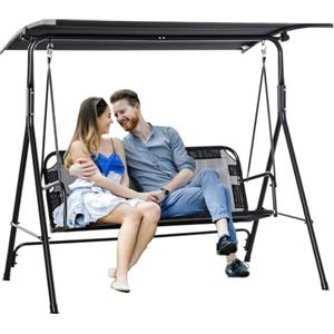 BAKAJI Dondolo Letto da Giardino 3 Posti con Tetto Parasole Regolabile, Struttura in Metallo e Seduta in Tessuto Traspirante con Imbottitura Ergonomica e Morbida, Ideale per Esterni, Patio (Nero)