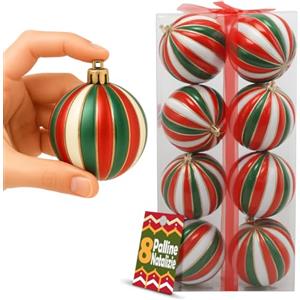 BAKAJI Box Palline di Natale per Albero, Sfere Natalizie Addobbo Rosso, Bianco, e Verde Doppio Colore, Decorazione Natalizia Multicolore in Plastica Dura, Palla Ornamento (8 Pezzi - Diametro 10 cm)