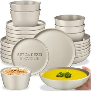 tectake® Set stoviglie 24 pezzi terracotta, servizio piatti 6 persone, set piatti moderni grandi, piccoli, fondi, ciotole, gres smaltato, design moderno, adatto lavastoviglie microonde - Tortora
