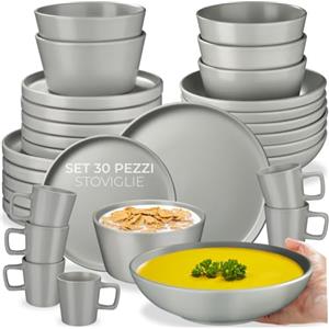 tectake® Set stoviglie 30 pezzi terracotta, servizio piatti 6 persone, set piatti moderni grandi, piccoli, fondi, ciotole, tazze, gres smaltato, design moderno, adatto lavastoviglie microonde - Grigio