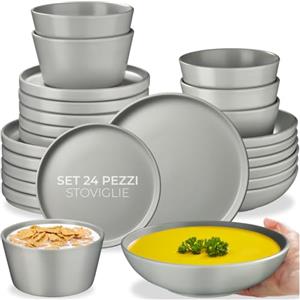 tectake® Set stoviglie 24 pezzi terracotta, servizio piatti 6 persone, set piatti moderni grandi, piccoli, fondi, ciotole, gres smaltato, design moderno, adatto lavastoviglie microonde - Grigio