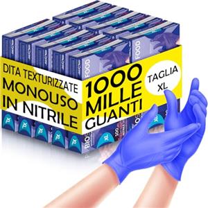 BAKAJI 1000 x Guanti Nitrile Monouso Colore Blu Cobalto, Senza Polvere e Lattice, Ipoallergenici, Bio Soft, Dita Texturizzate, Adatto all'Uso Medico, Alimentare, Cucina, Casa, Pulizie (XL)