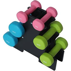 BAKAJI Set 6 Manubri da Palestra con Stand di Appoggio (2x1kg + 2x2kg + 2x3kg), Pesi Fitness Rivestimento in Gommapiuma, Ergonomico, Antiruggine, Antiscivolo, Riabilitazione Fisica, Allenamento