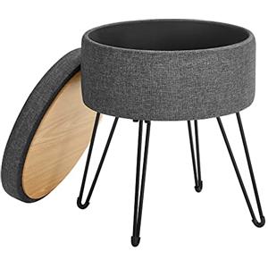 SONGMICS Sgabello Pouf Contenitore, Cassapanca Rotonda, Sgabello Toeletta, Capacità di 13,4L, Gambe in Metallo, Sedile Imbottito, Soggiorno Camera da Letto, Grigio Scuro LOM002G02