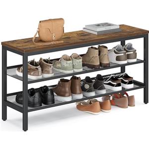 VASAGLE Panca Scarpiera a 3 Ripiani, Scaffale Portascarpe, con Bordi Rialzati, Stile Industriale, Montaggio Facile, 28 x 100 x 50 cm, Marrone Vintage e Nero Inchiostro LSB075KD02