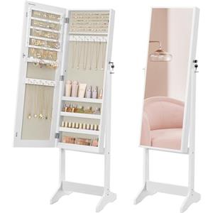 SONGMICS Specchio Portagioie da Terra, Armadietto Portagioielli, Specchio a Figura Intera, con Serratura, Idea Regalo, Superficie Bianca e Fodera Beige JJC069W02