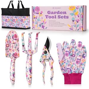 Velway Set di Attrezzi da Giardinaggio - 5 Pezzi con Borsa e Guanti, Strumenti Floreali in Metallo, Regalo Perfetto per Mamma, Donne, Natale, Compleanno