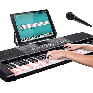 Bakaji Tastiera Musicale Pianola Elettronica 61 Tasti Luminosi Pianoforte Multifunzione con 255 Ritmi 50 Brani Preimpostati Funzione Percussione Ingresso AUX Leggio Porta Spartito/Tablet e Microfono